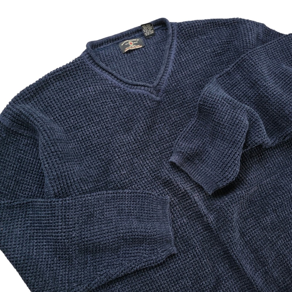VTG‎ American Eagle Roll Neck Waffle Sweater Size L Navy Blue Chunky Fisherman